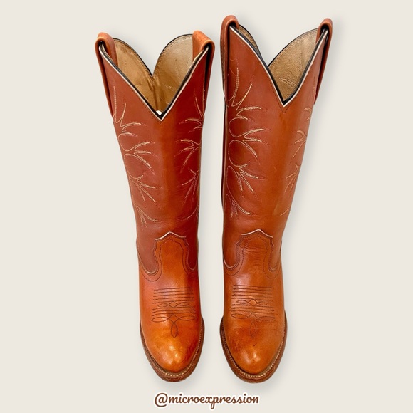 1980 VINTAGE Frye Leather Cognac Tree Art Embroidered Cowboy Heeled Western Boot